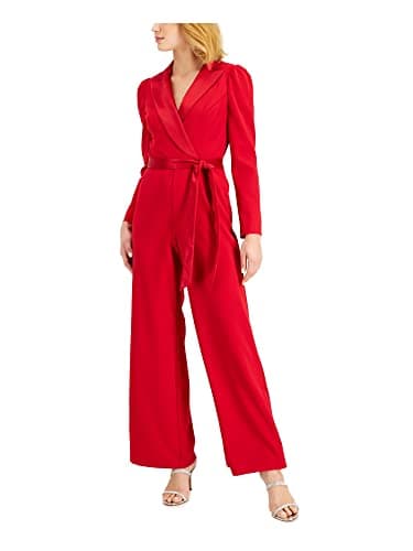Image of Adrianna Papell Women's Knit Crepe Tuxedo Jumpsuit Pants, Haute Red, 8