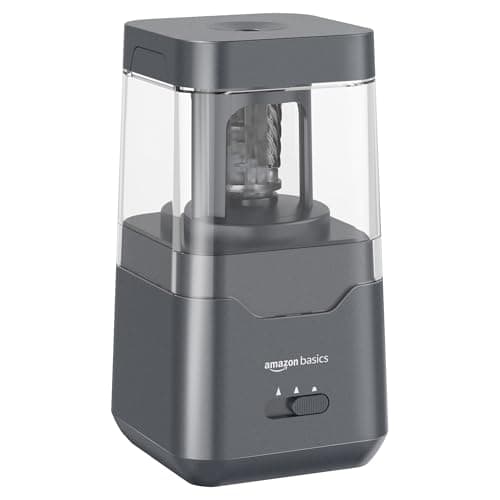 Image of Amazon Basics Portable Electric Pencil Sharpener, Helical Blade, Auto Stop, Battery/USB Cord Operated, Black, 7.1 x 7.1 x 13.46 cm