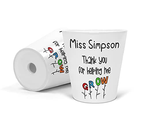 Image of Personalised Teacher Flower Pot - Colourful "Thank You for Helping Me Grow" Planter - Custom End of Term Gift for Nursery Teacher, TA or Assistant - Ceramic Plant Pot