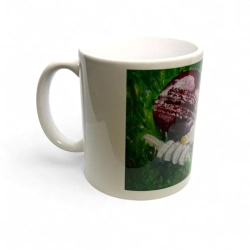 Image of CRICKET-GIFTS - Cricketer's Mug | Ceramic Design by Anthony Kelly | Cricket Ball & Bails Artwork | 300ml Capacity | Ideal for Cricket Enthusiasts | Cricket Ball Design, White, Green