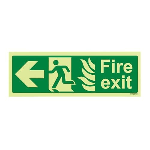 Image of V Safety Glow In The Dark NHS Fire Exit Arrow Left Sign - 300mm x 100mm - Rigid Plastic