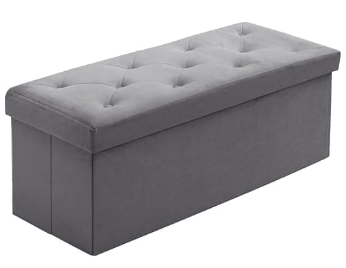 Image of A406 Folding Ottoman Storage Box with Lids Velvet Storage Chest Footrest Pouffe Storage Unit Bench Stool with Resilient Sponge for Bedroom, Living Room & Entryway-76cm (Grey)