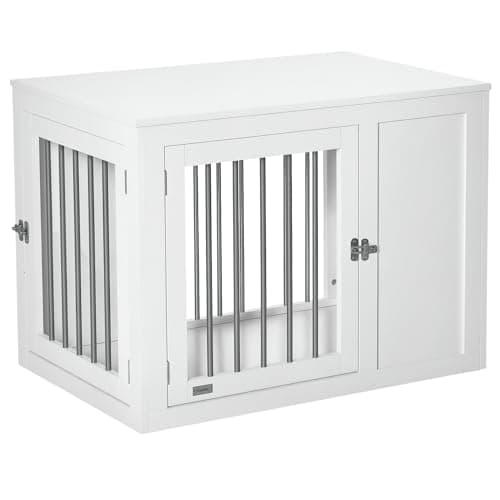 Image of PawHut Furniture Style Dog Crate with Two Doors, End Table Pet Cage Kennel with Locks, for Medium Dogs, 92 x 59 x 67 cm, White