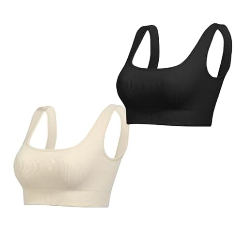 Image of Lemef Sports Bras for Women Square Neck Ribbed Bralette Seamless Medium Support Yoga Crop Tank Workout Tops No Padded Black Beige L