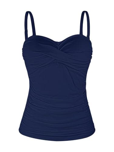 Image of Ocean Blues Women's Navy Blue Twist Bandeau Swimsuit Top Ruched Tummy Control Tankini Top Size Medium