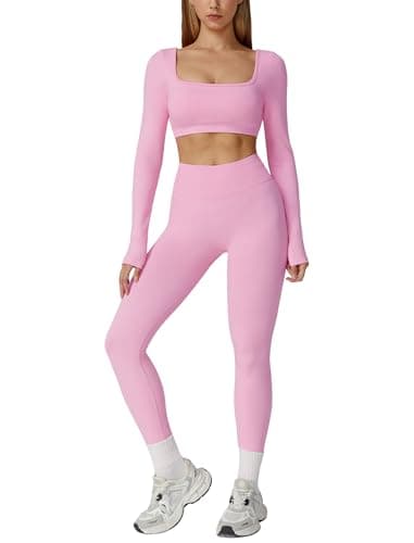 Image of AGYMNX 2 Piece Workout Sets for Women Long Sleeve Backless Crop Top and Butt-lifting Leggings Jogger Athletic Gym Outfits, Pink, L