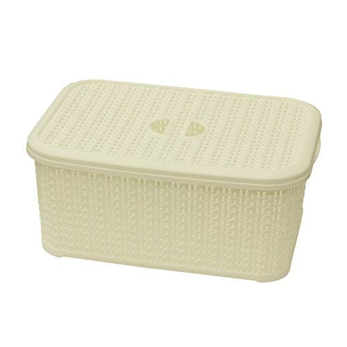 Image of JVL Knit Design Loop Plastic Lidded Rectangular Storage Basket with Handles - 6 Litres, White, white, 13-356WH