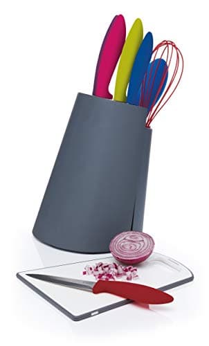 Image of Colourworks 3-in-1 Wooden Knife Block / Plastic Chopping Board / Utensil Holder Set - 'Brights' Colours, 17.89 x 16.60 x 33.5 cm