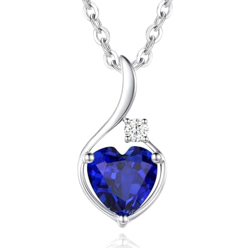 Image of FANCIME 14 Carat Solid White Gold September Birthstone Pendant Necklace, Heart Created Sapphire Pendant with 0.033 Ct Diamond Necklace, 925 Sterling Silver Chain, Fine Jewellery Gift for Women Her