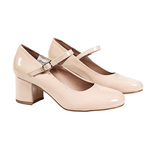 Image of Womens 2.25 inch Heel Shoes - Round Toe Ladies Shoes Ankle Strap Pumps Mid Block Heels for Dressy Work Date Wedding Party, Nude Patent, 5