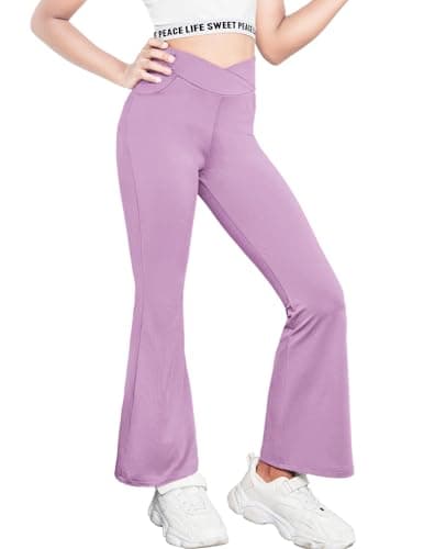 Image of Arshiner Girls Flare Leggings Kids Bell Bottom Pants Cross High Waisted Dance Yoga Flared Leggings Purple 160