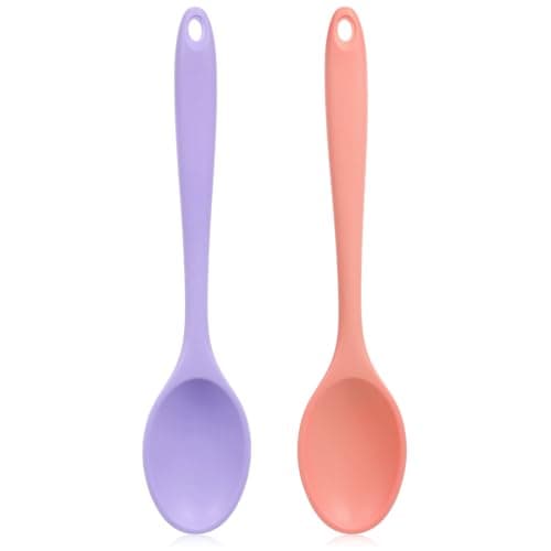Image of 2 Pcs Silicone Mixing Spoons 21cm Nonstick Heat-Resistant Rubber Cooking Spoon Multi Function Kitchen Serving Spoon for Stirring Baking Eating Spaghetti Hot Chocolate, Dishwasher Safe(Pink Purple)