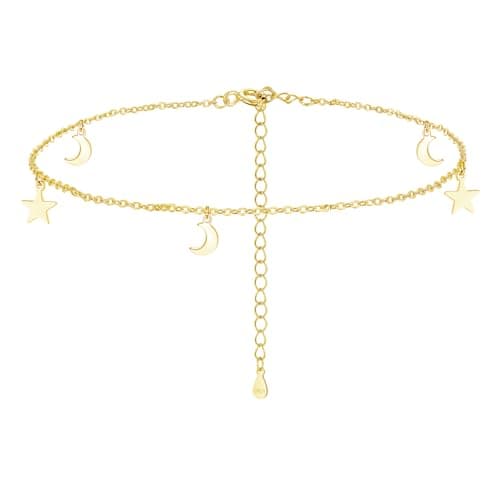 Image of Estrellique 925 Sterling Silver Anklet for Women, Women's Anklets with Small Star Moon Pendant, Gold Adjustable 22+5CM Chain Anklet Bracelet, Waterproof Barefoot Summer Beach Ankle Jewellery for Girls