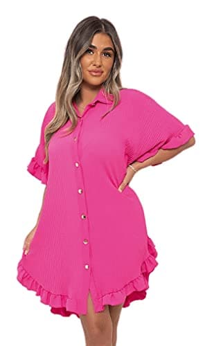 Image of Crazy Girls Womens Plisse Shirt Dress, Hot Pink, XL UK 16-18