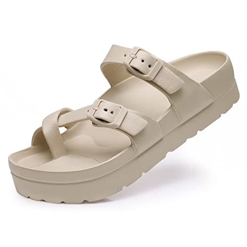 Image of Beslip Women's Platform Sandals with Arch Support Comfortable Foam Slides Lightweight Thick Soles, Adjustable Buckle, Ultra Cushion,Beige Women Size 4.5-5