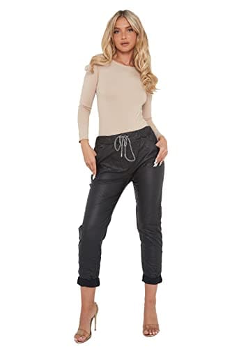 Image of LavishFashionTown Ladies Italian P.u Magic Plain Trousers Stretch Denim Style Cargo Women Joggers Wet Look Faux Leather Jeans Pattern Ladies Legging Pants (Black 10-14)
