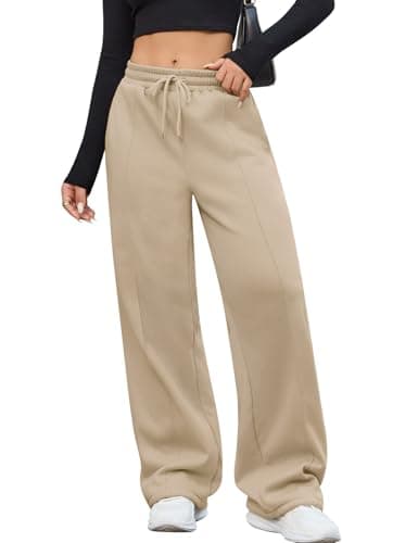 Image of CMTOP Joggers for Women UK Fleece Lined Sweatpants Wide Leg Trouser Elastic Waist Drawstring Lounge Pants Casual Cotton Sweatpant with Pockets for Sports Gym Khaki