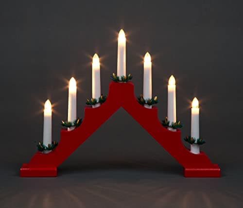 Image of SHATCHI Traditional Wooden Pre-Lit Red Candle Bridge Light 7 Candles Bulbs Mains Window Christmas Tree Home Office Desk Light Holiday Xmas Festive Decoration