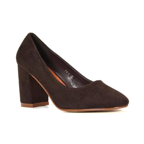 Image of Women's Court Shoes Ladies Classic Round Toe Dress Shoes Brown Faux Suede Office Party Block Heel Pumps Size 6