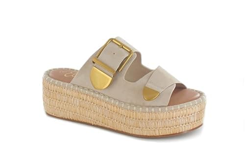 Image of ella Flatform Wedge Slider Sandals Raffia Style Platform Gold Tone Buckle Faux Suede Straps, Memory Foam Footbed (Cream, UK Footwear Size System, Adult, Women, Numeric, Medium, 3)