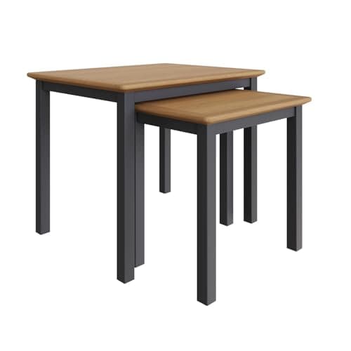 Image of FWStyle Graphite Blue Oak Nest of 2 Tables with Oak Veneer Tops, Ready Assembled Space Saving Living Room Side Tables, Modern Nesting Accent Table Set, H45 x W55 x D44cm