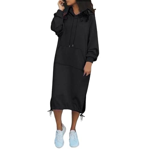 Image of Women's Casual Loose Solid Colour Drawstring Hoodie Autumn Warm Fleece Sweatshirt Maxi Dress with Pocket, black, 5XL