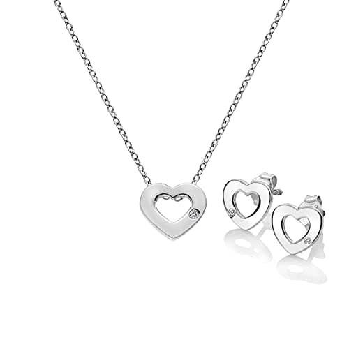 Image of Hot Diamonds Diamond Amulets Heart Pendant And Earrings Silver Set | Sterling Silver Chain and Hand 3 Set Diamonds