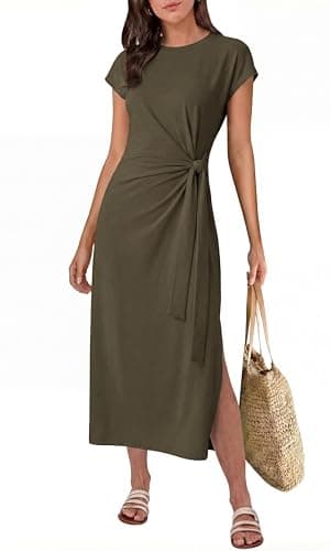 Image of GRECERELLE Women's Summer Midi Dress with Tie Waist Casual Short Sleeve A-Line Flowy Dresses for Women UK (Army Green, M)