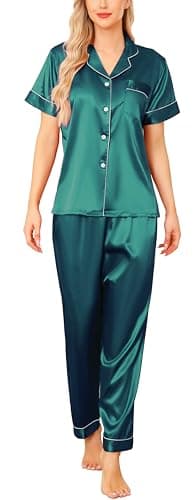 Image of Vlazom Womens Silk Pyjamas, Soft Satin Short Sleeve Top & Long Pant Pyjamas Set Button Down Pj Sets Loungewear for All Seasons, A-Dark Green,XL