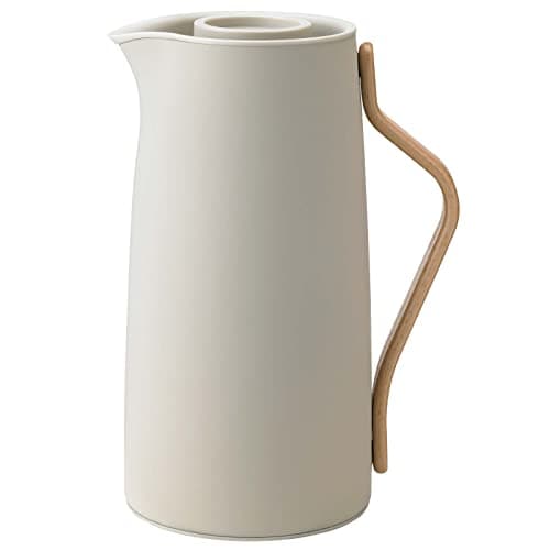 Image of Stelton Emma Vacuum Coffee Jug, 1.2L, Sand - Insulated Steel Insert, Easy-Click Lid, Danish Design by HolmbäckNordentoft, Beech Wood Handle, Ceramic Look