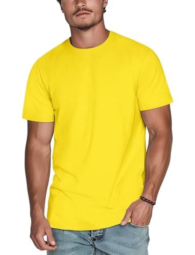 Image of Zengjo Men's Crew Neck T Shirt - Soft Cotton Blend Short Sleeve Tee - Regular Fit Plain Basic Top(Yellow,L)