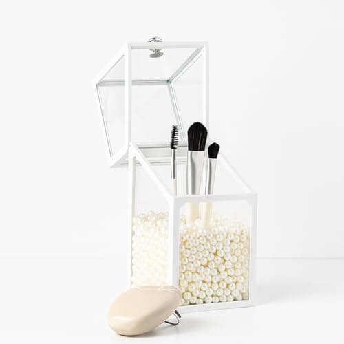 Image of London Boutique Luxury Glass Makeup Brush Holder with Pearl Beads, 21cm Height, Dustproof Lid, Available in White/Black/Green (White)