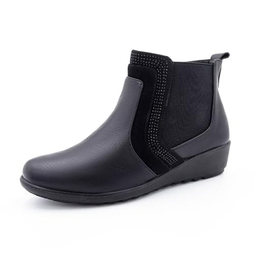 Image of Cushion Walk Women's EEE Extra-Wide Fit Diamante Trim Low Wedge Zip-up Chelsea Ankle Boots (5 UK, Black)