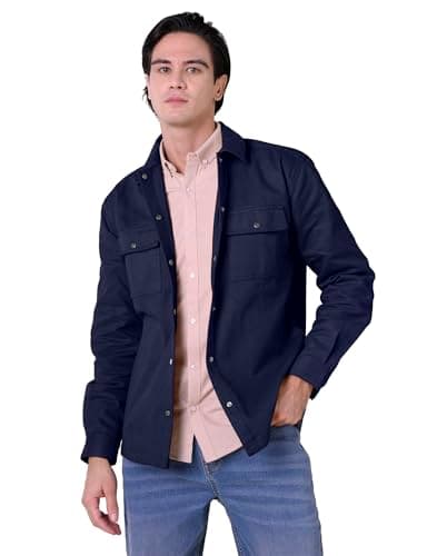 Image of Enorsia Mens Premium Twill Shacket with Classic Collar, Long Buttoned Sleeves, Button-Through Front Fastening (Navy, M)