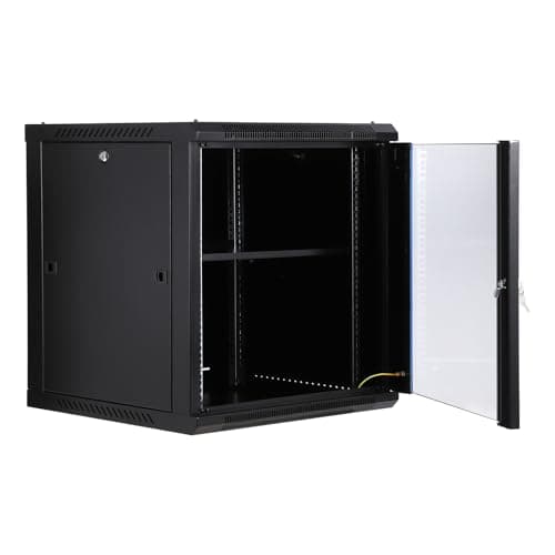 Image of Aptliton Secure Carbon Steel 12U Network Cabinet Rack – Wall Mount/Floor Standing – Locking Glass Door, Cooling Fan Holes, Removable Side Panels, 23.6in Deep – Reliable IT/AV/Data Equipment Storage