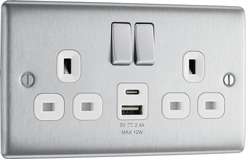 Image of BG Electrical 12W Double Switched Power Wall Plug Socket with Type A and Type C USB Charging Ports, Nexus Metal, Brushed Steel, White Inserts, 13A, NBS22UAC12W