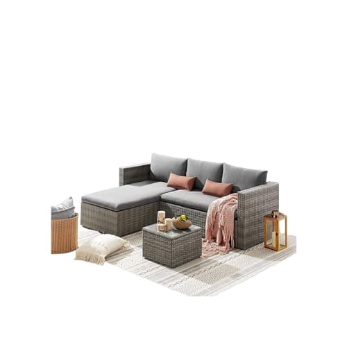 Image of EVRE Malibu Rattan Garden Furniture Set 5 Piece 3 Seater Sofa 1 Ottoman Footstool Patio Outdoor Wicker Weave Lounge Sofa and Coffee Table (Grey)