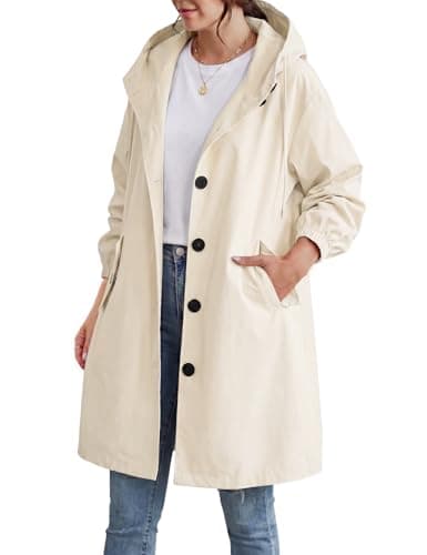 Image of CMTOP Trench Coats for Women Long Lightweight Hooded Trench Coat, Solid Colour Classic Windproof Pea Coat Single-Breasted Windbreaker Jacket with Pockets for Spring Summer Autumn(Beige,M)