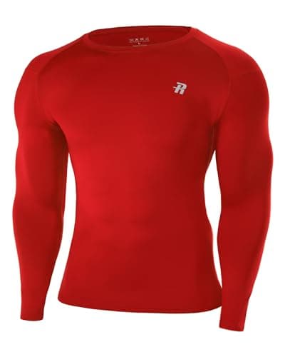 Image of Runhit Men's Red Long Sleeve Compression Top, Crew Neck Sports Base Layer Shirts UPF 50+, Quick Dry Mens Undershirt for Fitness Motorcycle Rugby Workout L