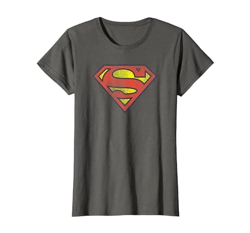 Image of Superman Retro Supes Logo Distressed T-Shirt, Women, Asphalt Grey, X-Large