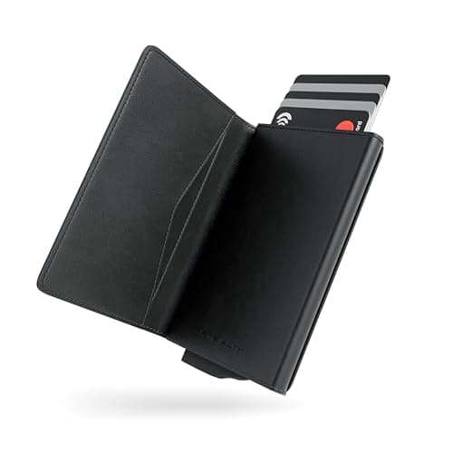 Image of Stealth Wallet RFID Card Holder Wallet - Smart Minimalist Pop Up Wallets with Gift Box - Slim Lightweight Metal Credit Card Holders for Men & Contactless Protector (Black Leather, Magnetic Closure)