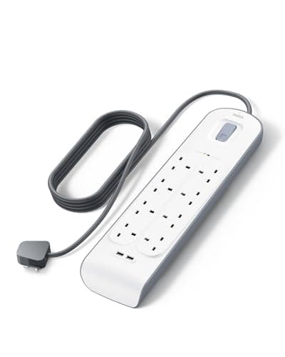 Image of Belkin Extension Lead with USB Slots x 2 (2.4 A Shared), 8 Way/8 Plug Extension, 2m Surge Protected Power Strip - White