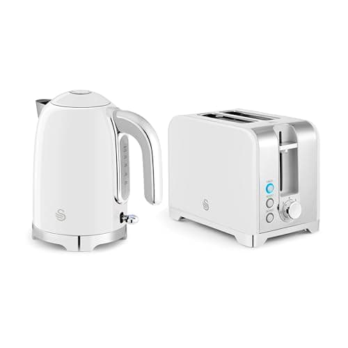 Image of Swan Solace Kitchen Set, 1.7L Kettle, 930W 2 Slice Toaster, SK19026WHT + ST19031WHT, White with Chrome Trim