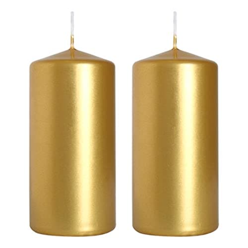 Image of Pillar Candles, Pack of 2, Unscented, Long Burning Time, 10 x 5 cm / 4 x 2 in (Gold, Metallic)