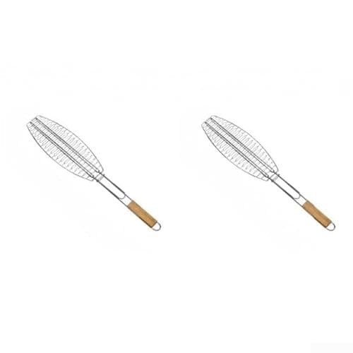 Image of Two Stainless Steel Fish Grill Holders with Smooth-Finish Wooden Handles for Grilling Fish Without Sticking or Tearing