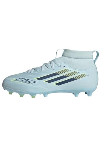 Image of adidas Unisex Kids F50 SPARKFUSION League Mid Cut Firm Ground/Artificial Ground Football Boots Kids, Almost Blue/Dusky Petrol/hi-res Yellow, 3 UK