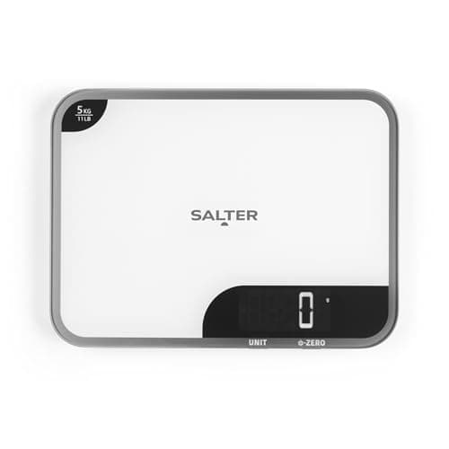 Image of Salter 1064 WHDR Digital Kitchen Scale - 5kg Capacity, Easy Read Display, Add &Weigh/Tare Function, Measure Liquids in ml/fl.oz, Glass Platform for Baking & Cooking, Batteries Included, 17 x 23 x 1cm