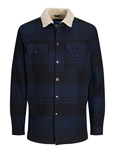 Image of JACK & JONES Men's LS Teddy Overshirts Long Sleeve Chest Pockets Designer Casual, Navy Colour, UK Size L