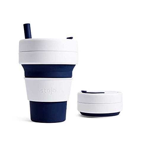 Image of STOJO On-The-Go Biggie Collapsible Coffee Cup - 16oz / 473ml - Reusable & Foldable Silicone Travel Mug with Lid - Portable, Pocket Size - Dishwasher Safe - Indigo