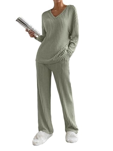 Image of SotRong Ribbed Knitted Lounge Wear Sets for Women Uk Ladies Leisure Suits Two Piece Outfit Tracksuit Set Long Sleeves V Neck Baggy Pullover Tops Wide Leg Long Pants Army Green L
